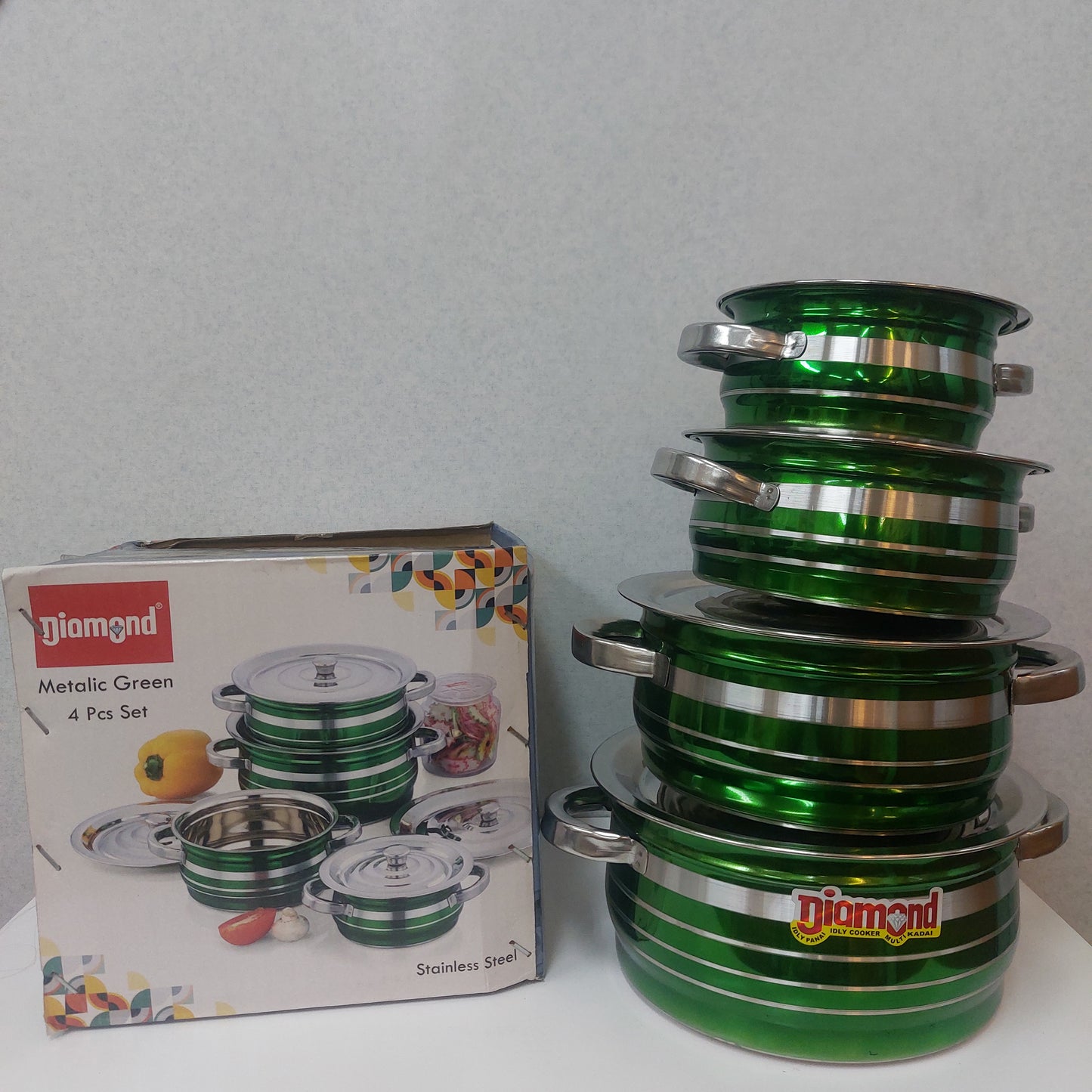 Diamond Metalic Dining Green Dish 4pcs Pot Set