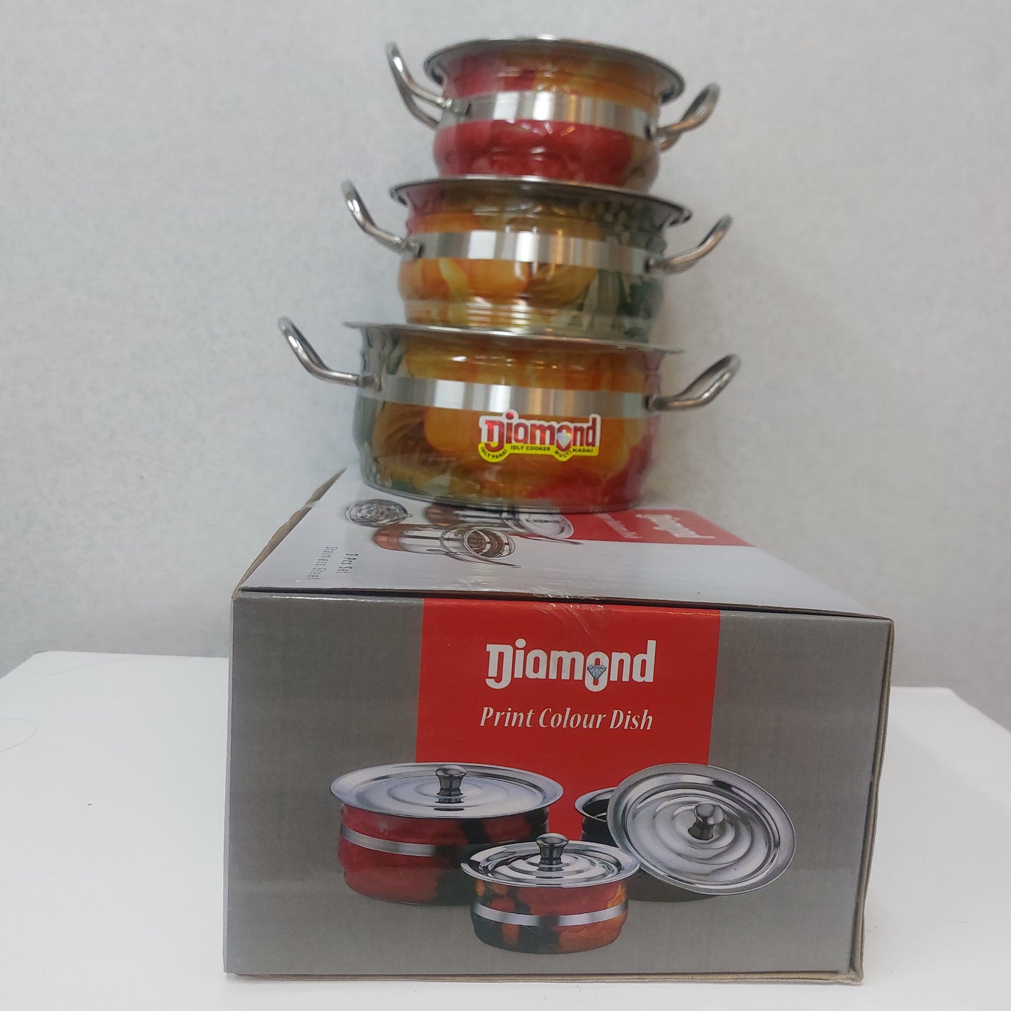 Diamond Print Colour 3 pcs Dish Stainless Steel Set Art Print with Lid