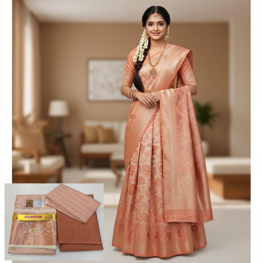 Traditional Pattu Pavadai Material With Dhavani Set for Women ( Copper Design)