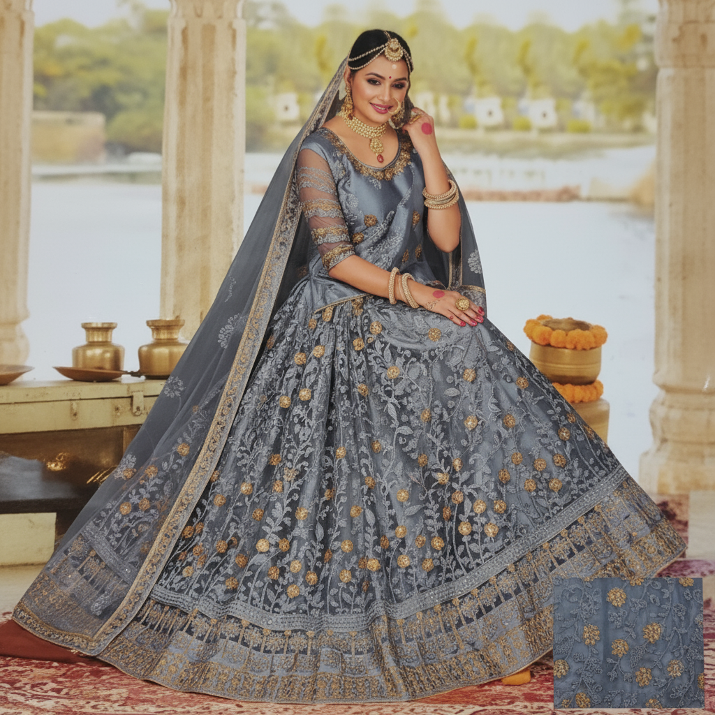 Semi Stitched Zari and Thread Work Choli Lehenga