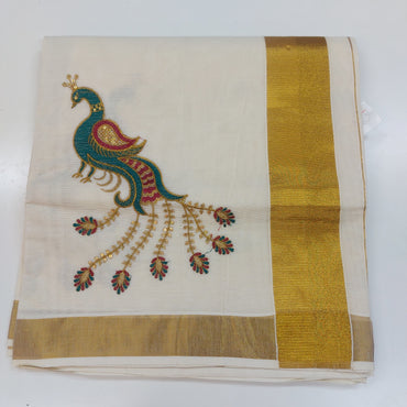 Women and Girls Kerala Kasavu Embroidered Cotton Saree with Blouse / Onam Saree