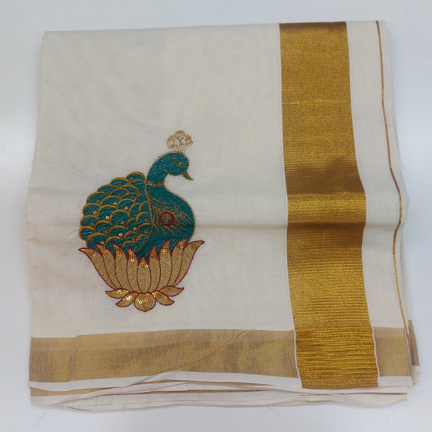 Women and Girls Kerala Kasavu Embroidered Cotton Saree with Blouse / Onam Saree