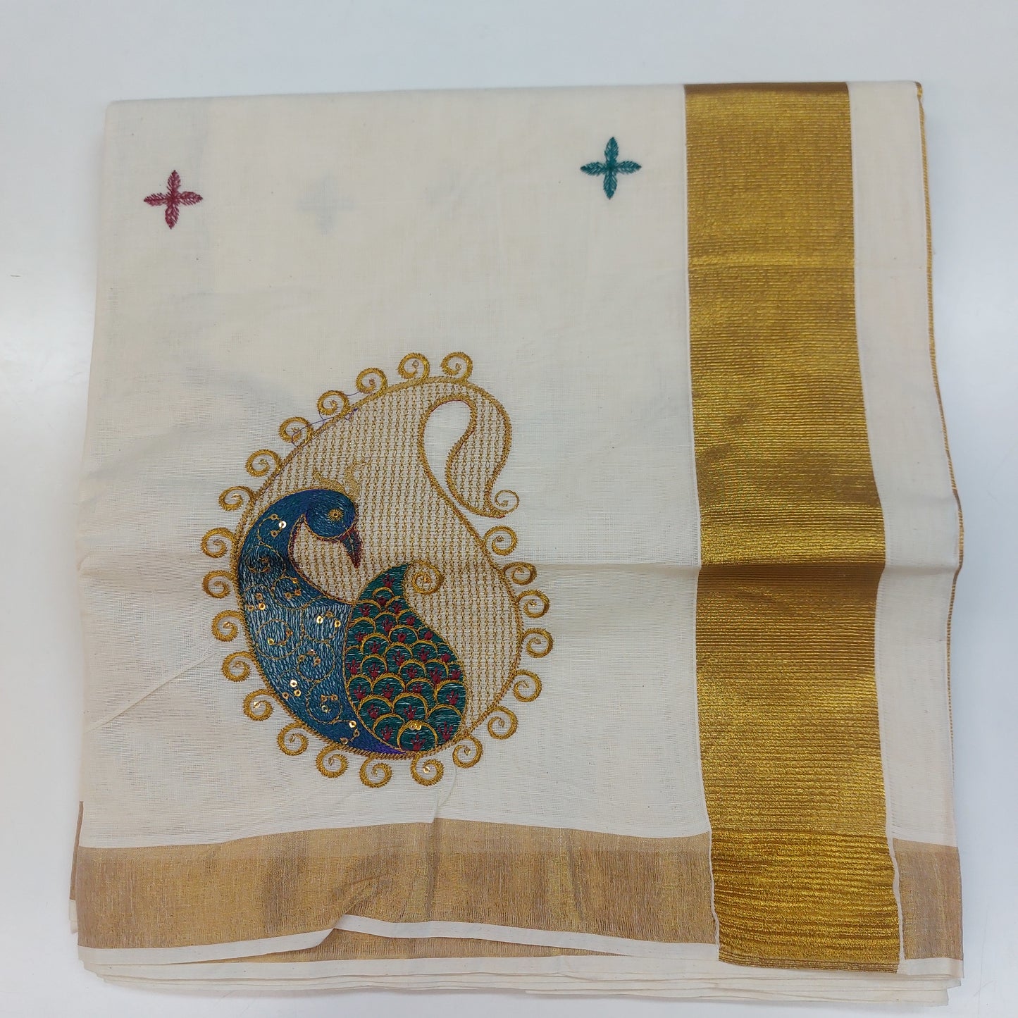 Women and Girls Kerala Kasavu Embroidered Cotton Saree with Blouse / Onam Saree