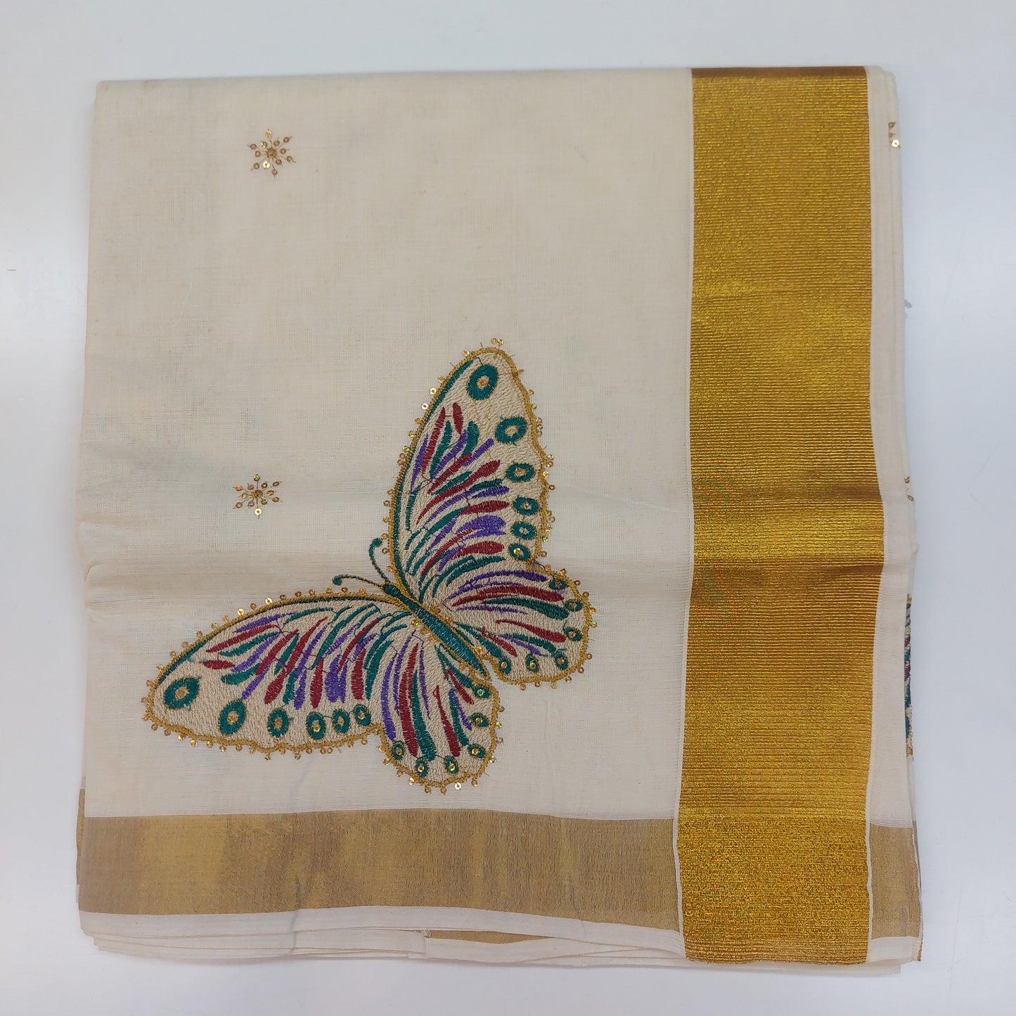 Women and Girls Kerala Kasavu Embroidered Cotton Saree with Blouse / Onam Saree