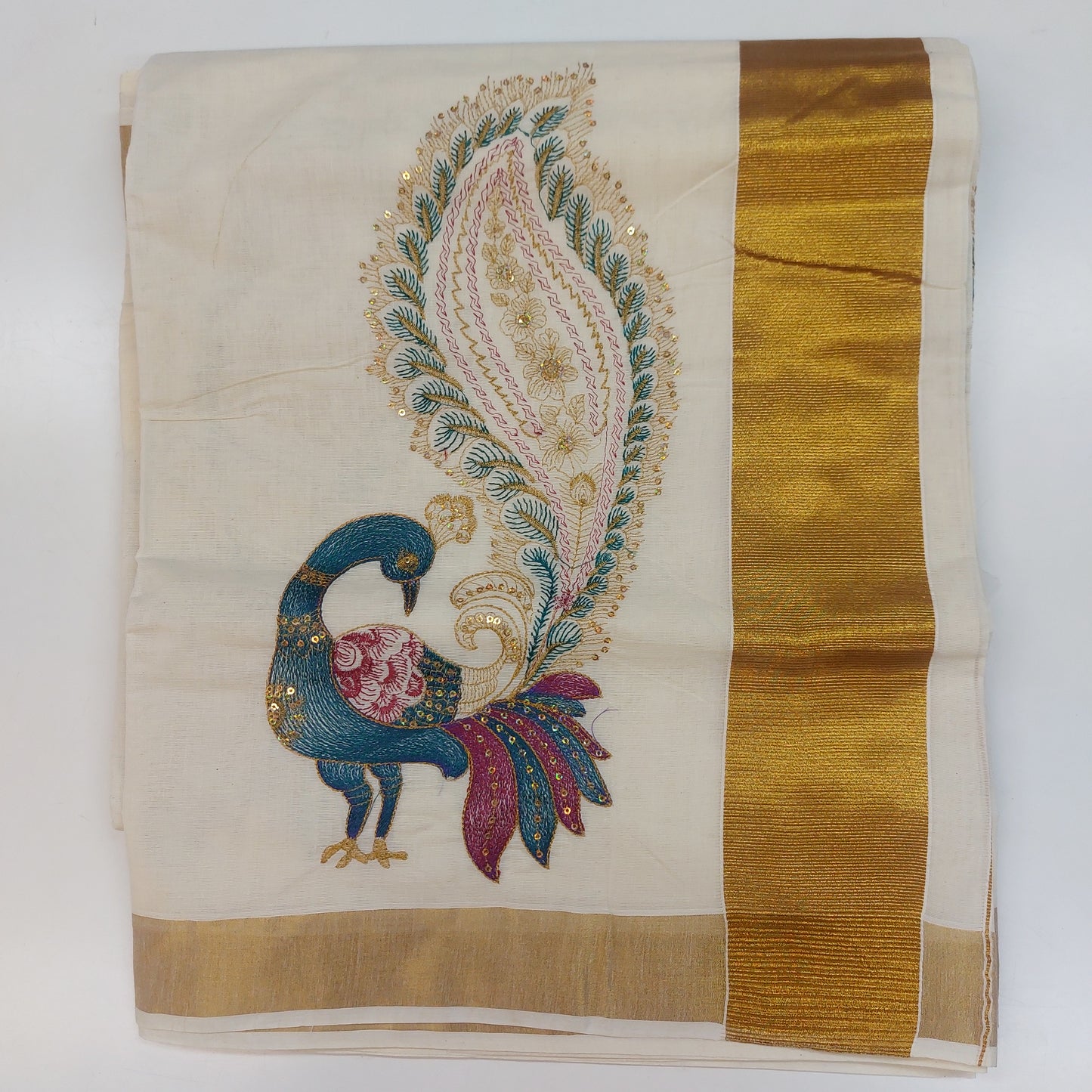 Women and Girls Kerala Kasavu Embroidered Cotton Saree with Blouse / Onam Saree