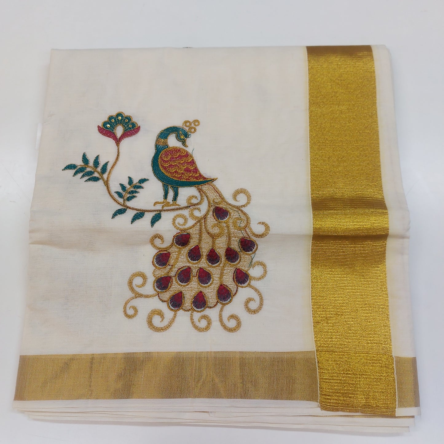 Women and Girls Kerala Kasavu Embroidered Cotton Saree with Blouse / Onam Saree