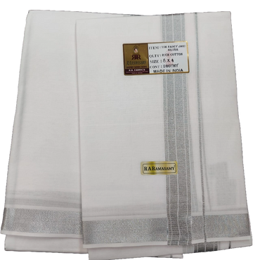 Shubam Rich Cotton White Dhothy Set with Silver Jari (8 X 4)