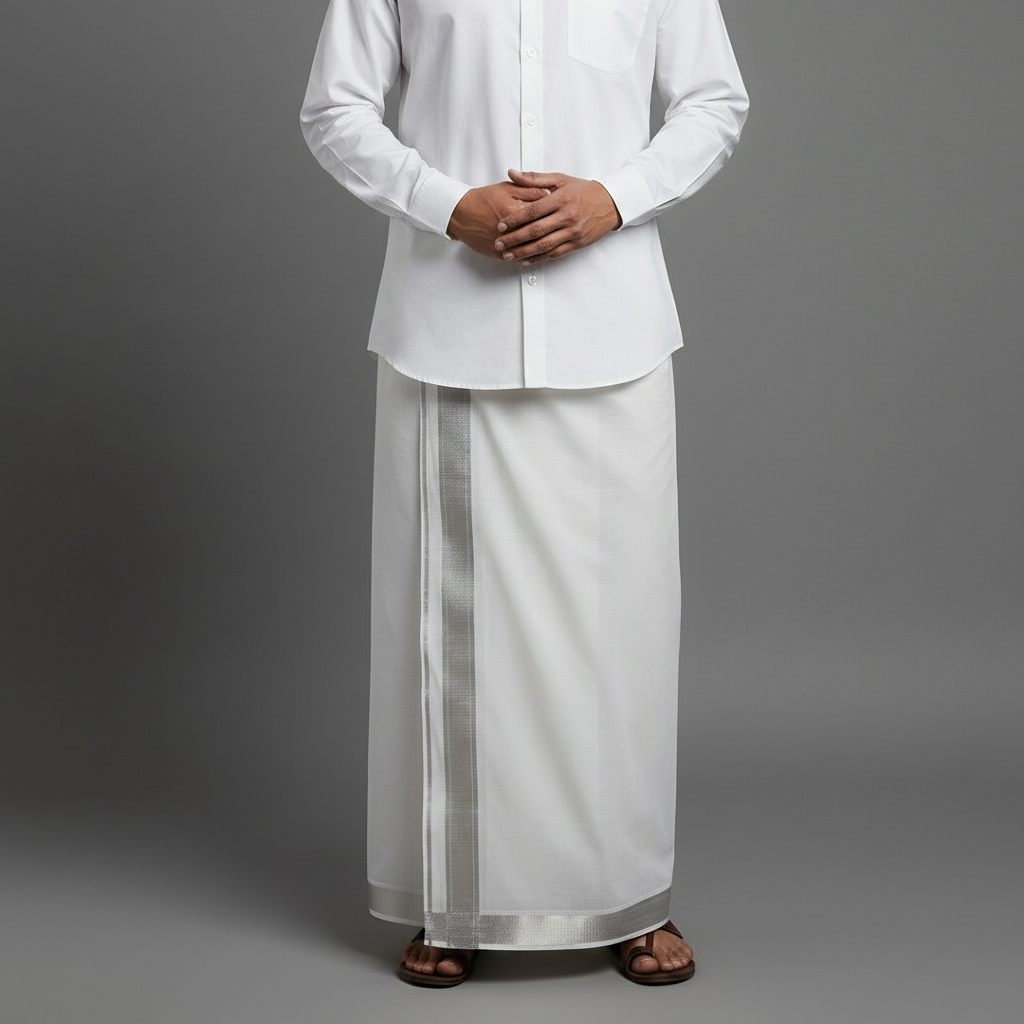 Shubam Rich Cotton White Dhothy Set with Silver Jari (8 X 4)