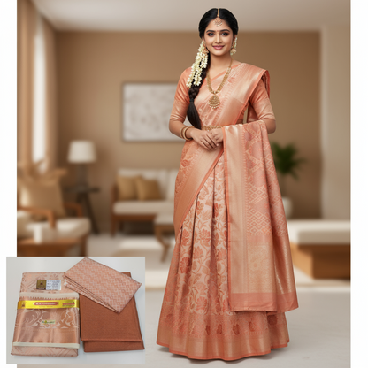 Traditional Pattu Pavadai Material With Dhavani Set for Women ( Copper Design)