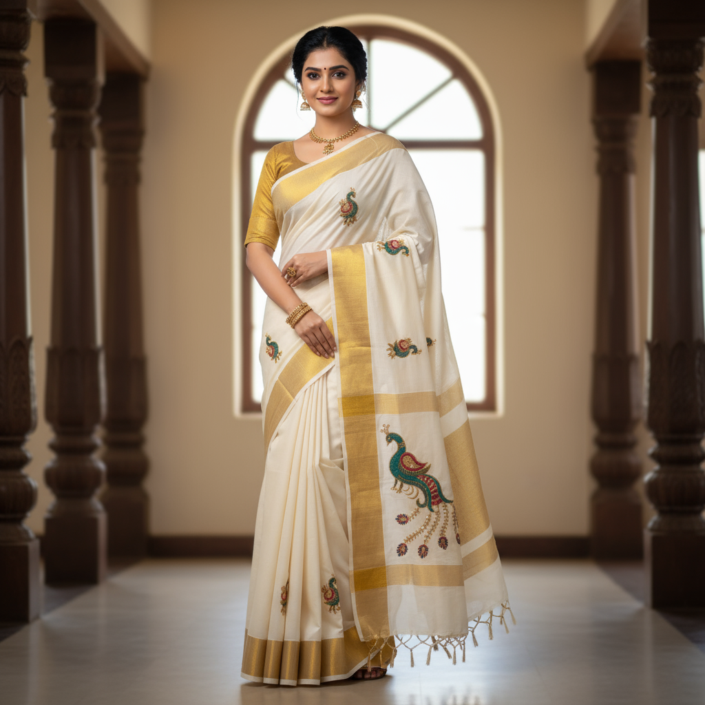 Women and Girls Kerala Kasavu Embroidered Cotton Saree with Blouse / Onam Saree
