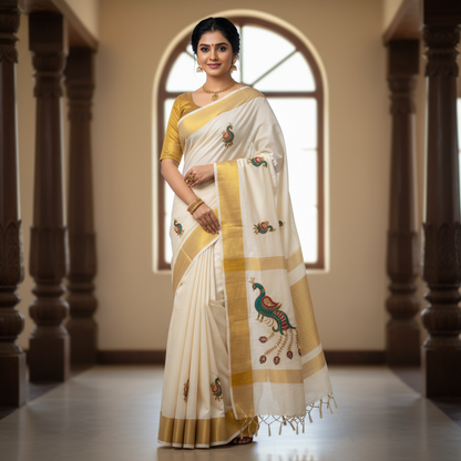 Women and Girls Kerala Kasavu Embroidered Cotton Saree with Blouse / Onam Saree