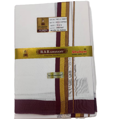 Triple Fancy Rich Cotton White Dhoty Set (8 X 4)