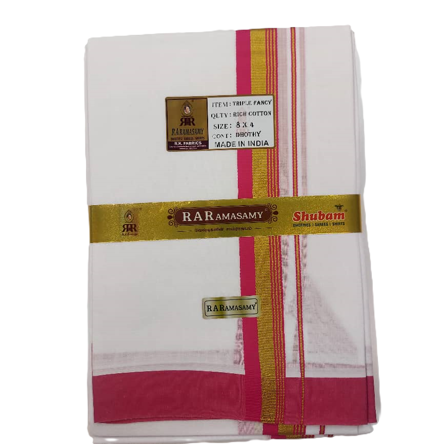 Triple Fancy Rich Cotton White Dhoty Set (8 X 4)