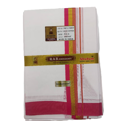 Triple Fancy Rich Cotton White Dhoty Set (8 X 4)